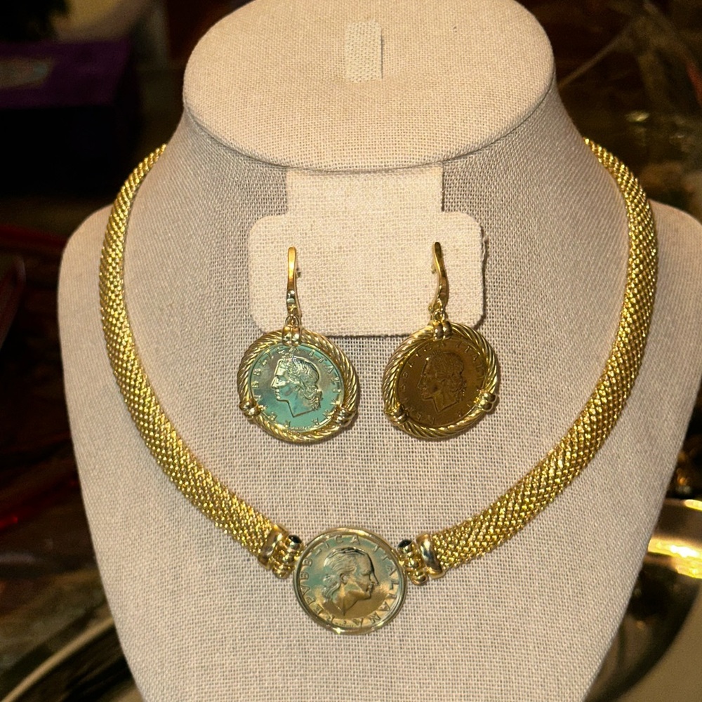 Vintage 90s Italian Lira Necklace and Earrings, in 925 Silver Gold Vermeil, 17”